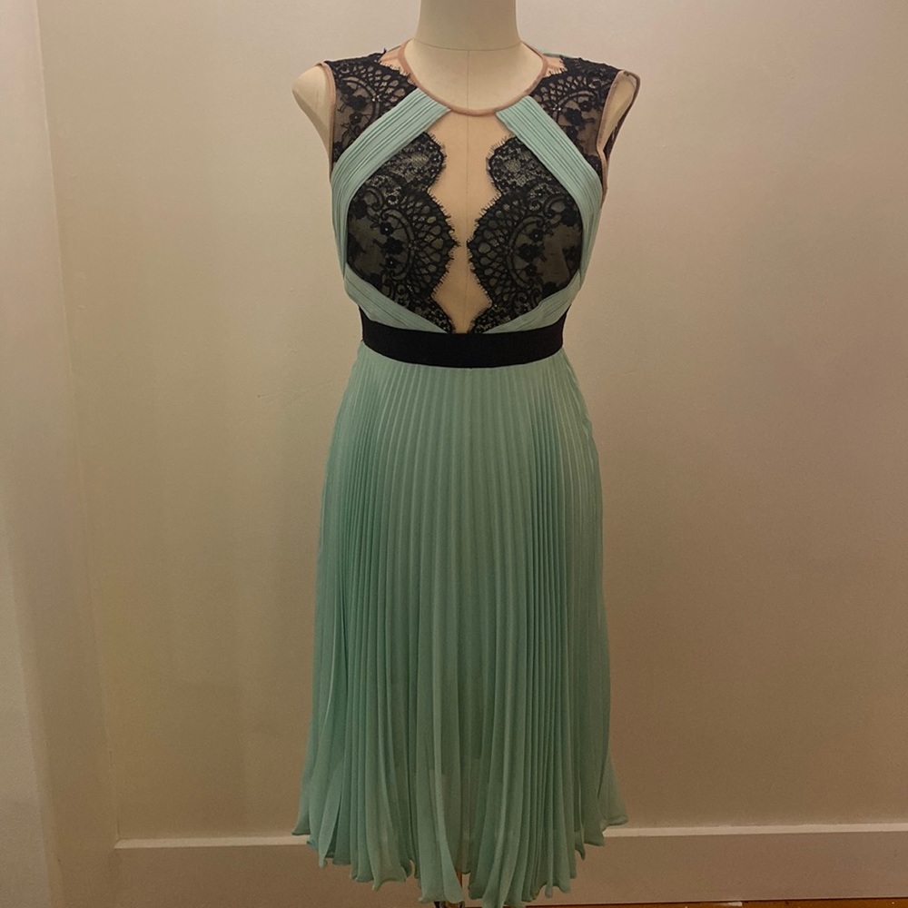 BCBG Ariane Pleated Dress with Eyelash Lace
